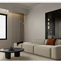 Modern Minimalist Living and Dining Room Interior With Wall-mounted TV Large Window And Light-colored Sofa