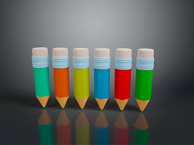Six Vibrant Colored Pencils With White Caps And Wooden Tips As Household Items 3d model