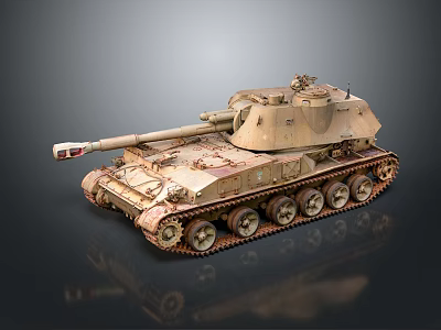 Weathered Military Tank With Desert Camouflage Tracks Long Cannon And Reflection On Gray Surface 3d model