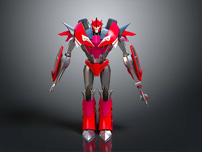 Red and Silver Robot Character 3D Model With Sharp Edges And Mechanical Design 3d model