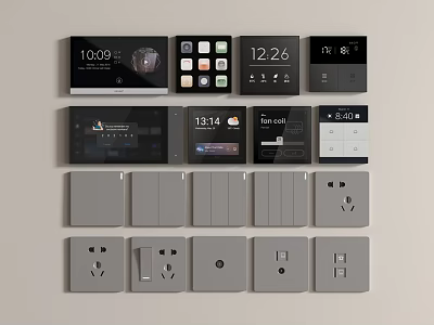 Modern Gray Switch Panels Featuring Smart Display Screens Time Temperature and Sockets 3d model
