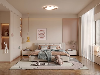 Cozy Kids Room Interior With Soft Colors Bed Rabbit Plush Decorative Poster And Curtains 3d model