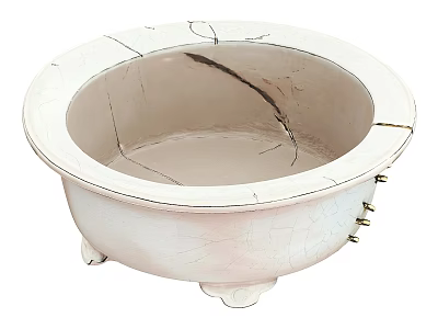 White Cracked Ceramic Vessel with Footed Base and Metal Accents 3d model