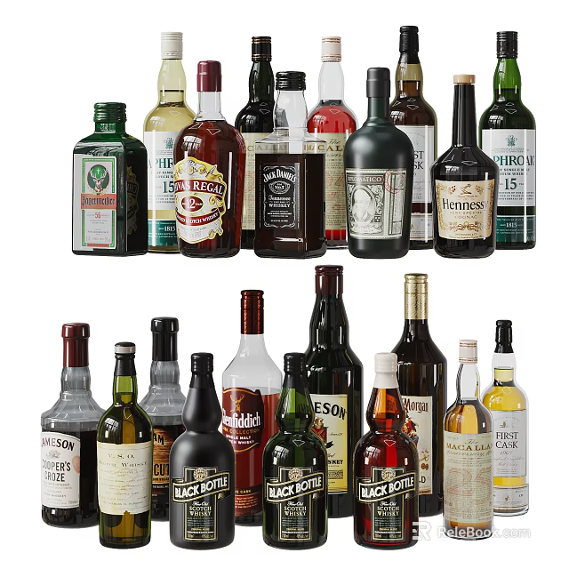 Display Of Various Alcohol Bottles For Tasting 3d model