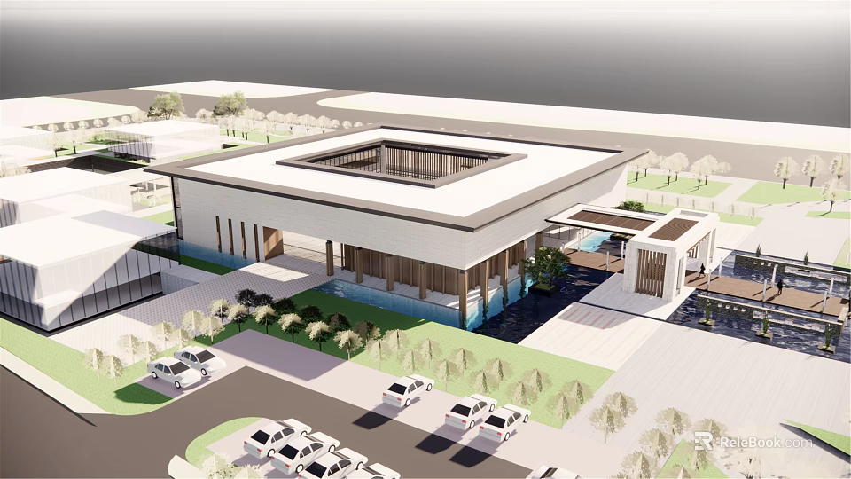 Modern Museum Building With Square Roof Skylight Parking Area And Landscaping Design 3d model 