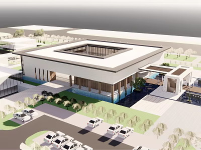 Modern Museum Building With Square Roof Skylight Parking Area And Landscaping Design 3d model