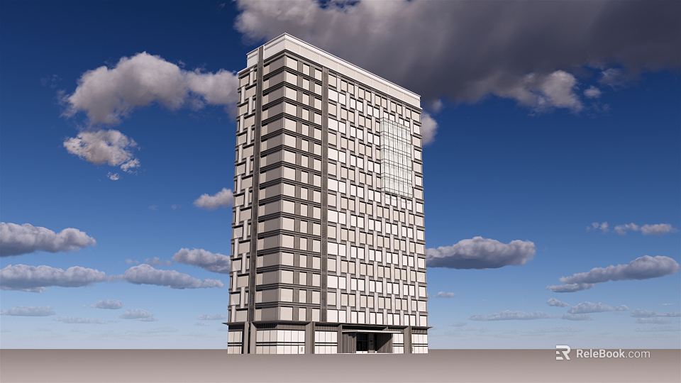 Modern High Rise Office Building With Glass Curtain Wall And Blue Sky White Clouds 3d model 