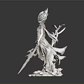 White Woman Sculpture With Flowing Attire Plant Elements And Sword