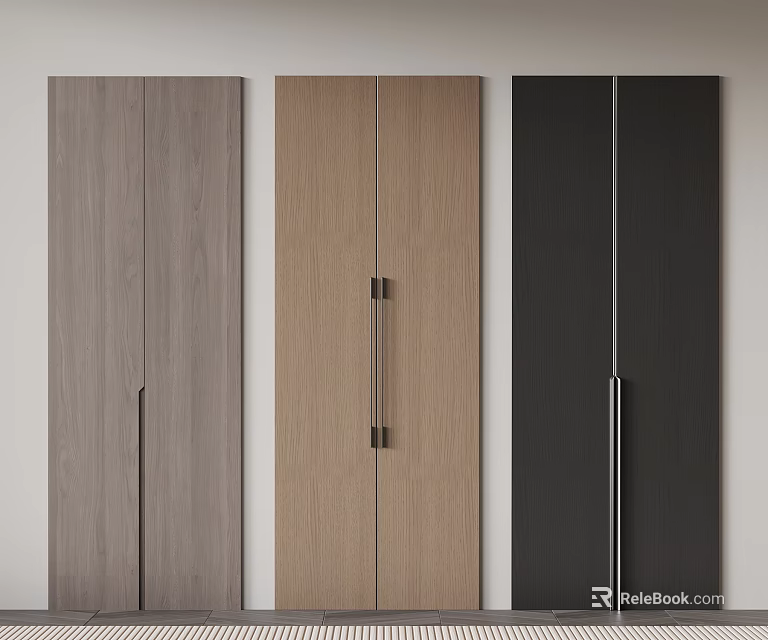 Modern Wardrobe Doors in Gray Light Wood and Black with Double Door and Metal Handles 3d model 