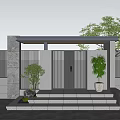 Detached Villa Modern Entrance With Black Front Door Green Plants Stone Steps And Metal Fence
