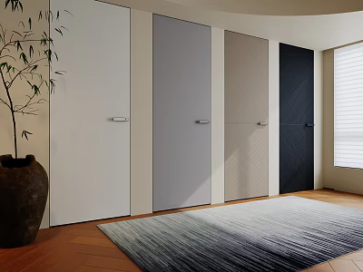 Various Colored Hinged Doors Arranged In Modern Interior With Wooden Floor And Plant 3d model