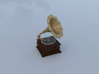 Vintage Gramophone Audio Speaker With Brass Horn And Wooden Base 3d model