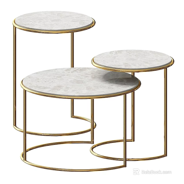 Set of Three Circular Marble Dining Tables With Golden Metal Frame Nesting Design 3d model 