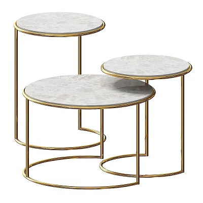 Set of Three Circular Marble Dining Tables With Golden Metal Frame Nesting Design 3d model