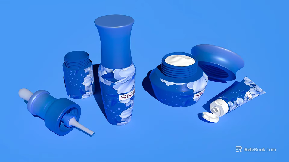 Elegant Blue Perfume Cosmetic Bottles And Jars With Open Lids Floral Patterns 3d model