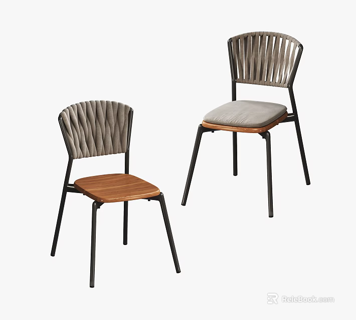 Modern Dining Chairs With Woven Backrest Wooden And Upholstered Seats Black Metal Legs 3d model 