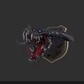 Mythical Dragon Head With Open Mouth Sharp Teeth Blue Eyes On Armored Shield Base
