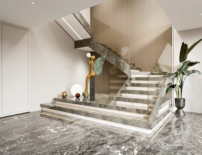 Modern Staircase Interior With Glass Railing Marble Floor Sculpture And Green Plant 3d model 
