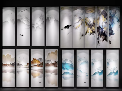 Chinese Ink Wash Landscape Paintings With Mountains Water Clouds And Vibrant Colors 3d model