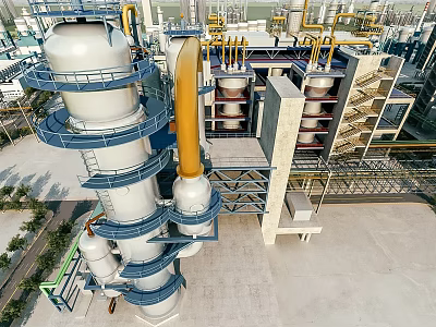 Aerial View of Industrial Plant With Large White Tanks Yellow Pipes and Metal Platforms 3d model