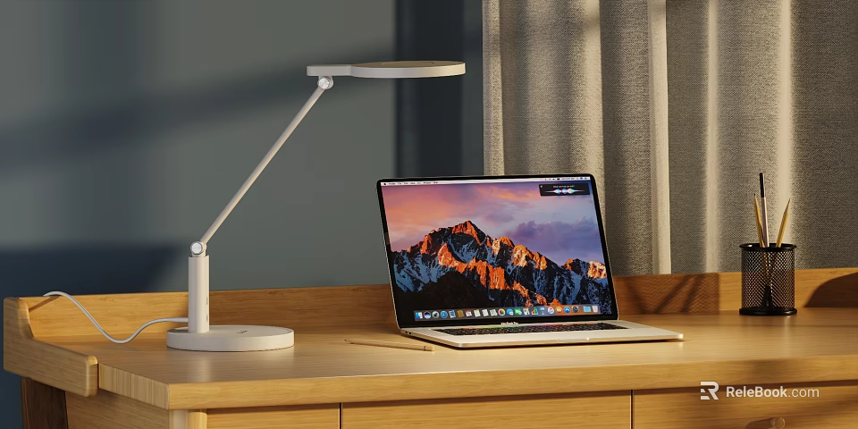 Modern Desk Lamp Illuminating Laptop On Wooden Desk With Curtain Background 3d model 