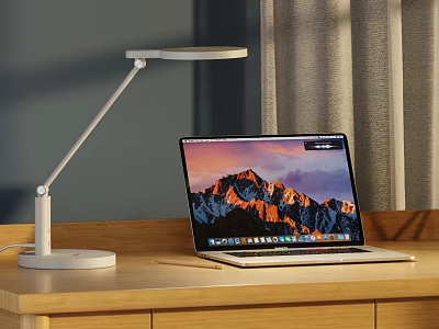 Modern Desk Lamp Illuminating Laptop On Wooden Desk With Curtain Background 3d model