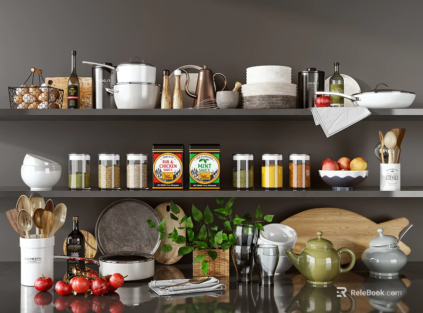 Assorted Kitchen Utensils Set Displayed On Shelves And Countertop 3d model