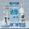 Vending Machine With Blue Cups And Robot Against Blue Tiled Wall Background 3d model