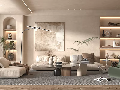 Modern Living Room Interior Design With Beige Sofa Decorative Painting Floor Lamp And Green Plants 3d model