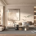 Modern Living Room Interior Design With Beige Sofa Decorative Painting Floor Lamp And Green Plants