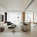 Living room study TV background wall book table chair bookcase sofa coffee table combination single sofa 3d model