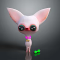 Cute Animated Game Character with Big Eyes Pink Ears Bow Collar and Green Dumbbells