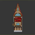 Cartoon Style Small Building With Red Roof Wooden Balcony And Arched Windows