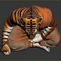 Tiger Figure Sculpture In Sitting Posture With Orange Robe And Staff And Neck Beads Decoration
