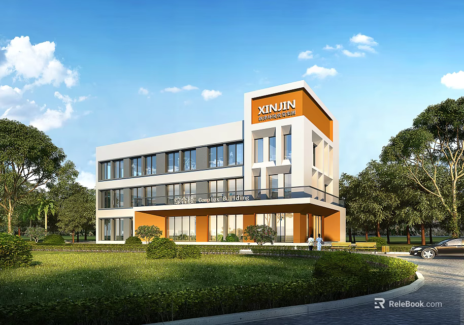Modern KINLIN Industrial Factory Building With Orange White Exterior Green Lawn And Trees 3d model 