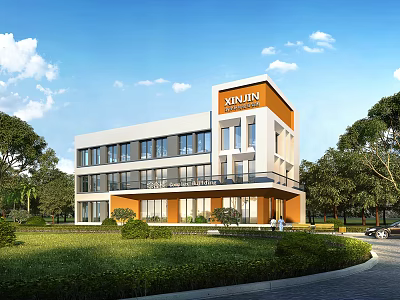 Modern KINLIN Industrial Factory Building With Orange White Exterior Green Lawn And Trees 3d model
