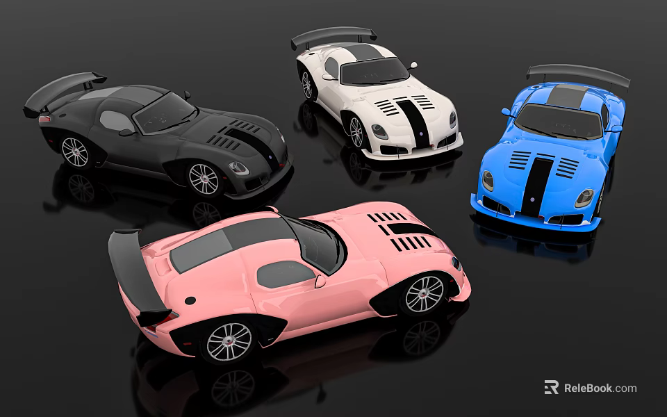 Shiny Multi Colored Supercars With Rear Spoilers And Sleek Design On Black Surface 3d model 