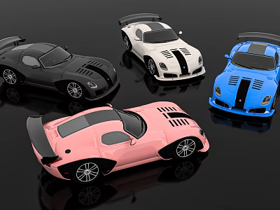 Shiny Multi Colored Supercars With Rear Spoilers And Sleek Design On Black Surface 3d model