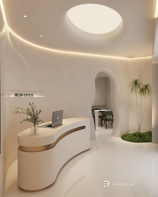 Elegant Modern Shop Front Desk With Curved White Design Golden Accents And Indoor Plants 3d model 