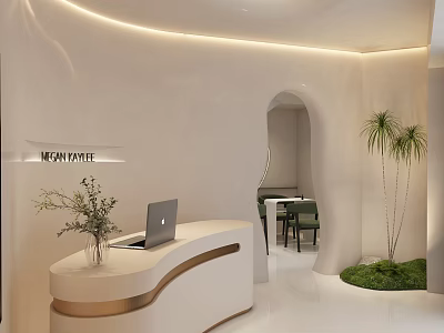 Elegant Modern Shop Front Desk With Curved White Design Golden Accents And Indoor Plants 3d model