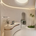 Elegant Modern Shop Front Desk With Curved White Design Golden Accents And Indoor Plants