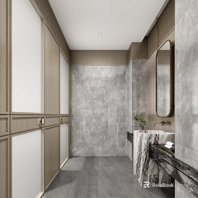 Public Restroom With Modern Design Gray Marble Walls Wooden Cabinets Washbasin And Mirror 3d model 