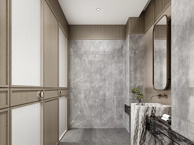 Public Restroom With Modern Design Gray Marble Walls Wooden Cabinets Washbasin And Mirror 3d model