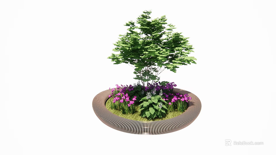 Circular Designed Landscape Seat With Lush Green Tree Purple Flowers And Fresh Grass In Garden 3d model 