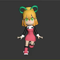 Cartoon Woman in Pink Dress with Yellow Hair Green Bow Black Sleeves Pink Shoes Running