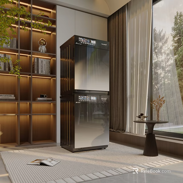 Modern Double Layer Washing Machine In Living Room With Wooden Bookshelf And Green Plants 3d model 