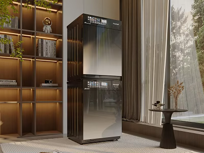 Modern Double Layer Washing Machine In Living Room With Wooden Bookshelf And Green Plants 3d model