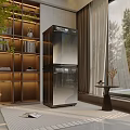 Modern Double Layer Washing Machine In Living Room With Wooden Bookshelf And Green Plants