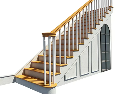 Staircase With Wooden Handrail White Balusters Steps White Wall And Arched Black Frame Window 3d model