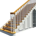 Staircase With Wooden Handrail White Balusters Steps White Wall And Arched Black Frame Window